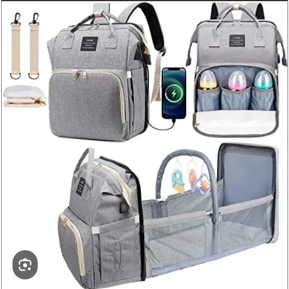 Land Travel Diaper Bag Backpack with USB & Fold-out Bassinet